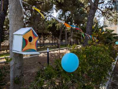 Entriamo e percorriamo un vialetto circondato da cespugli e verdi pini silvestri, a cui sono legati palloncini, bandierine e piccole cassette di legno realizzate dai bambini con materiali di riuso, pronte a offrire rifugio a uccellini smarriti